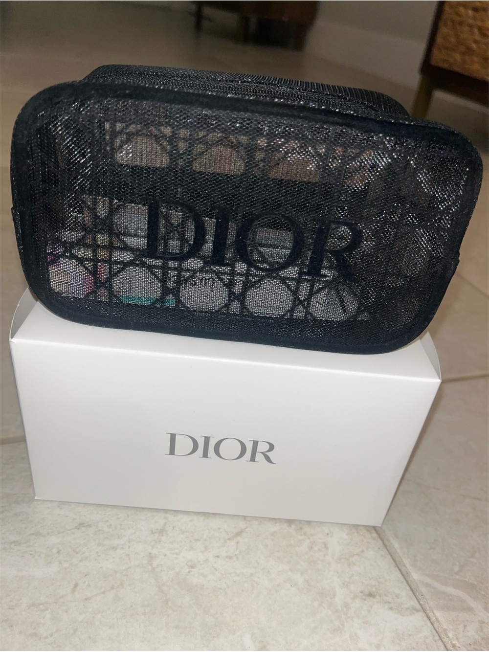 Dior Mini Black Sheer Mesh Cosmetic Pouch with Interior Label
